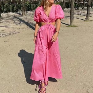 Sexy Vestido de manga corta de linterna en V de cuello en V